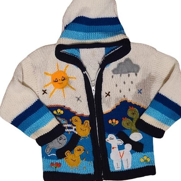 Peruvian Wool Knitted Sweater with hoodie Toddler Blue White - Picture 1 of 4